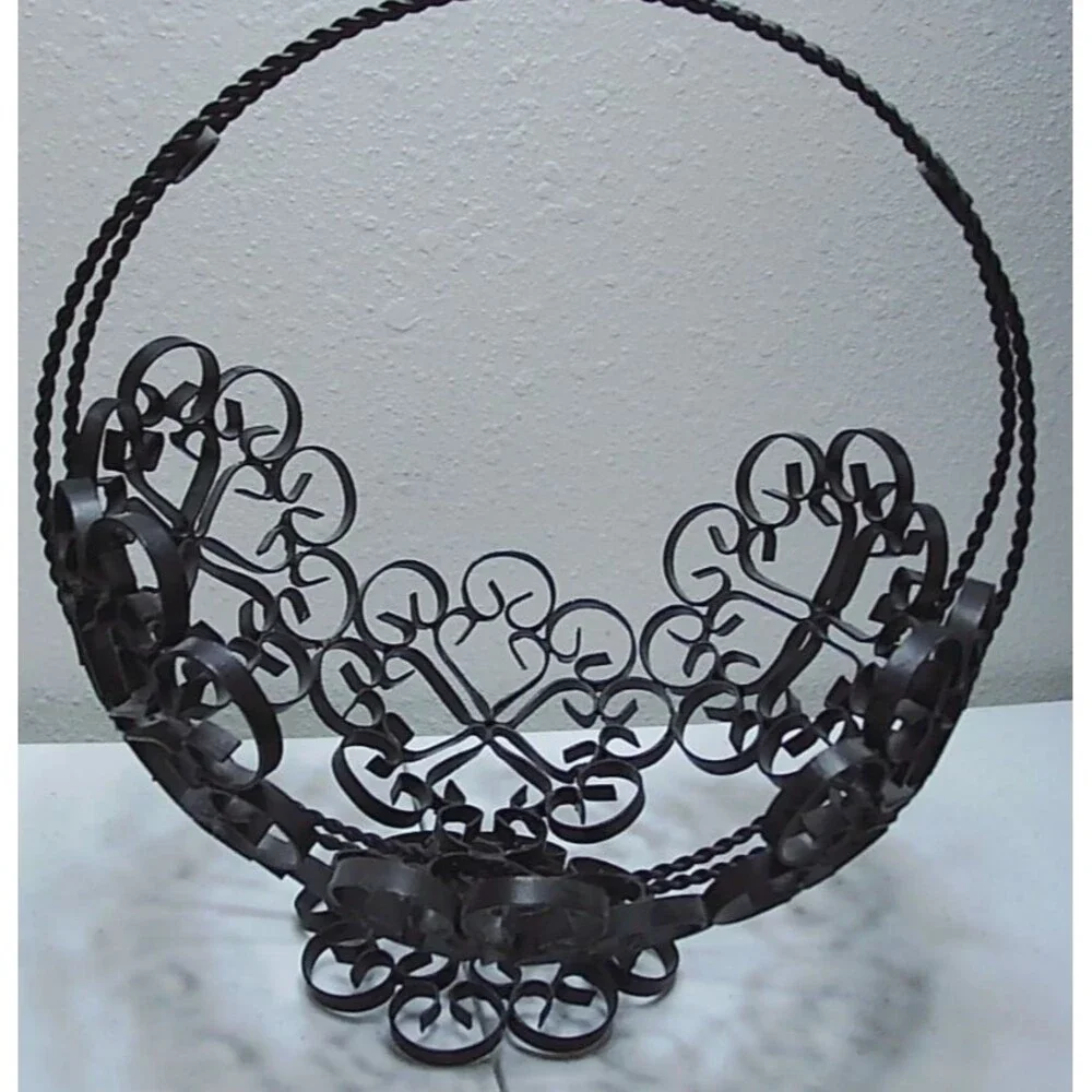 Vintage Spanish Revival Wrought Iron Basket Black Metal Scroll Art Footed